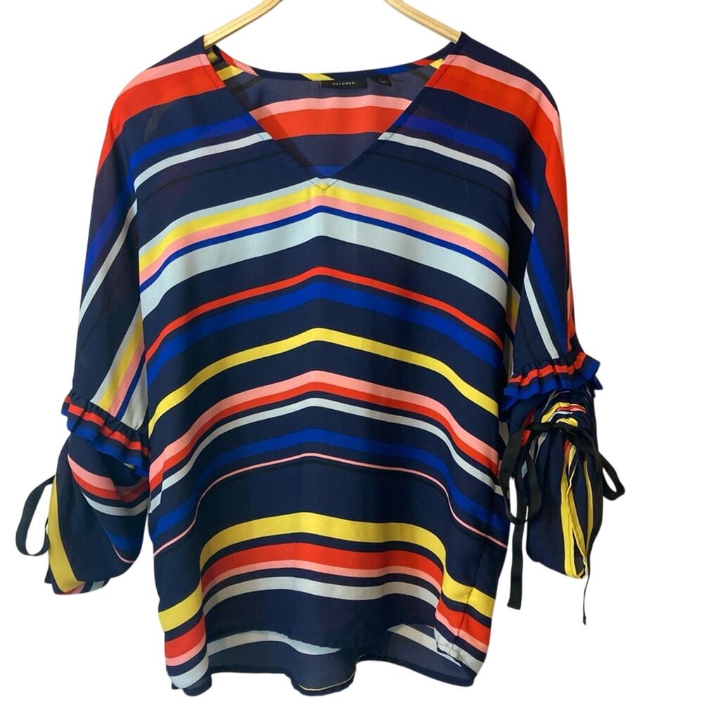 Halogen Rainbow Striped Lightweight Blue 3/4 Tie Sleeves V-Neck Blouse Top Small